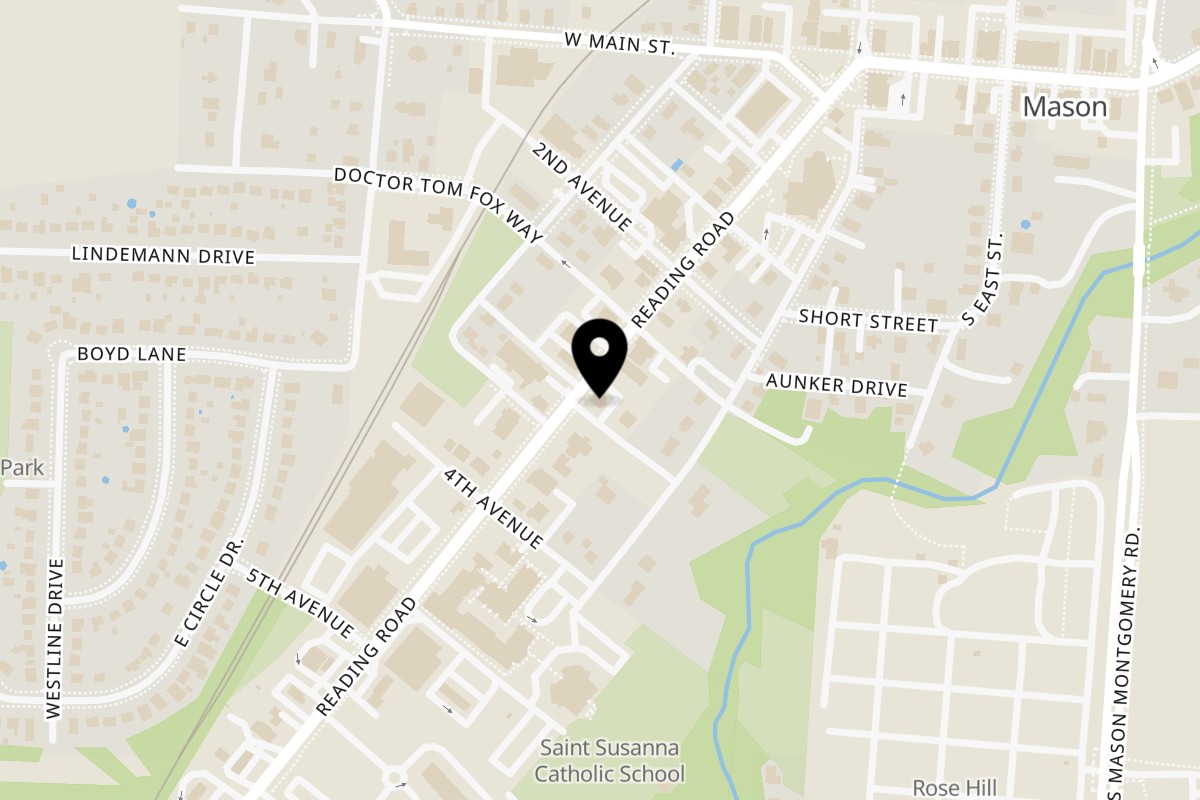 Map showing the location of Big Dog's Pizza Mason on 322 Reading Rd in Mason
